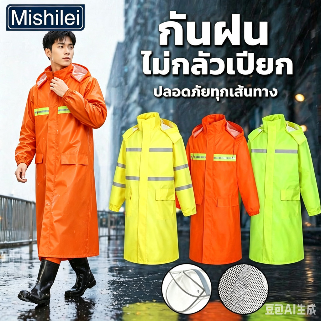 Mishilei เสื้อกันฝน ชุดกันฝนยาว ผ้า Oxford กันน้ำหนา ทนสึกหรอ มีแถบสะท้อนแสง ซับตาข่าย