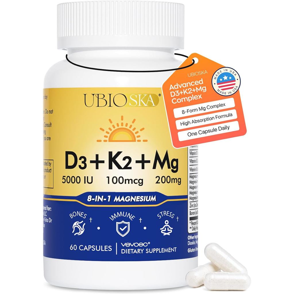 วิตามิน D3 K2 แมกนีเซียม, ขยาย 5000 IU วิตามิน D3 & MK-7 K2 พร้อมแมกนีเซียมคอมเพล็กซ์ 8-in-1, วิตามิ