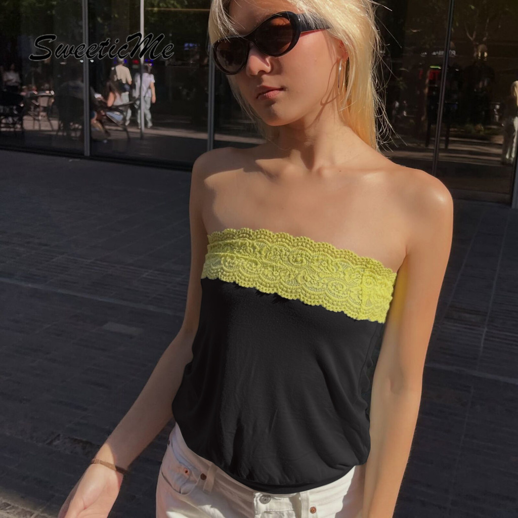 SweeticMe ผู้หญิง 2026 ใหม่แฟชั่นลูกไม้ Splicing Contrast สี Tube Tops — صورة 5
