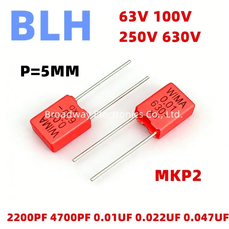 5PCS WIMA สีแดง MKP2 ตัวเก็บประจุฟิล์ม Hi-Fi Audio P5 5 มม.63V 100V 250V 630V 2200PF 222 4700PF 472 