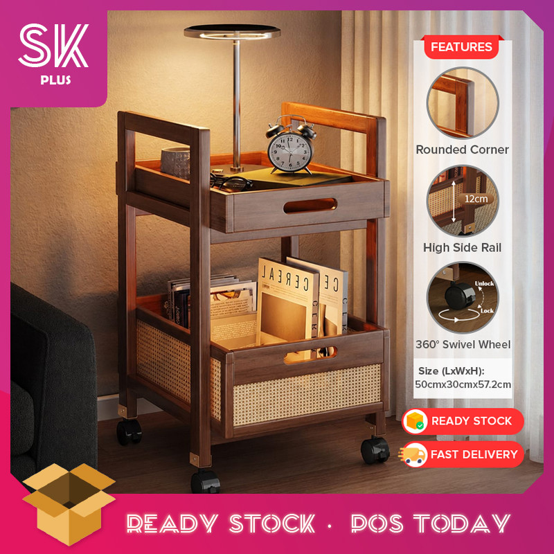 SKplus 2 ชั้นรถเข็นด้านข้างโต๊ะข้างเตียงตู้ล้อไม้ไผ่จัดเก็บ Rack Rak Simpanan Troli Beroda