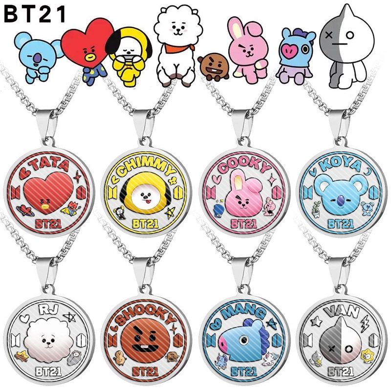 热品防弹少年团BTS钛钢彩印圆形卡通项链BT21不锈钢吊坠项链8.3 สร้อยคอการ์ตูนทรงกลมพิมพ์ลายสีไทเทเนียมยอดนิยมของ BTS สร้อยคอจี้ส