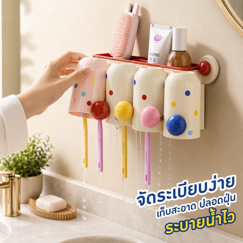 ที่แขวนแปรงสีฟันติดผนัง พร้อมที่วางแก้ว กันฝุ่น ระบายน้ำ ติดตั้งไม่เจาะ รับน้ำหนักได้