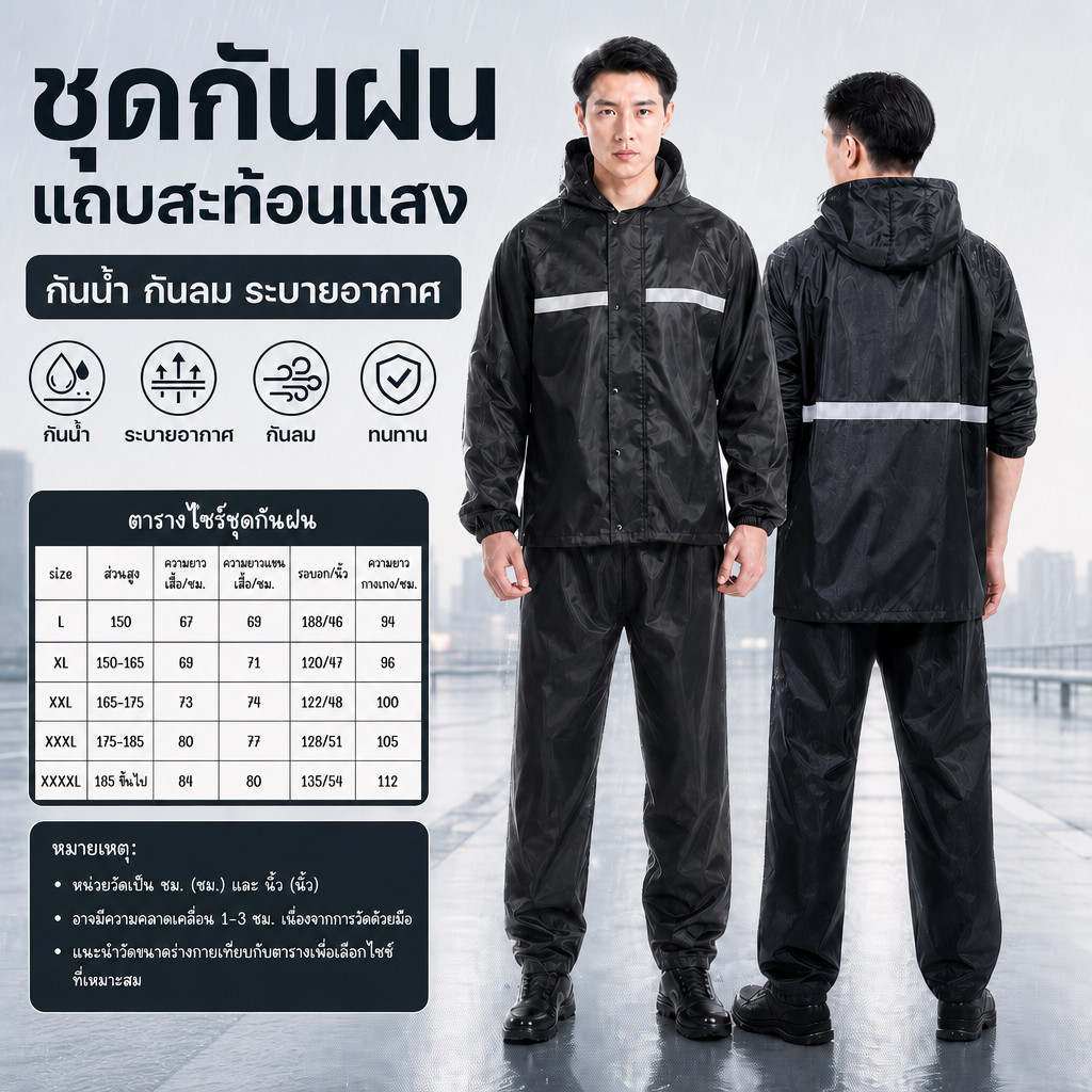 【เสื้อ + กางเกง】ชุดเสื้อกันฝน  มีแถบสะท้อนแสง รุ่น หมวกติดเสื้อ  หนาแน่น ทนทาน กันน้ำ 100% ใส่ได้ทั้งชายและหญิง