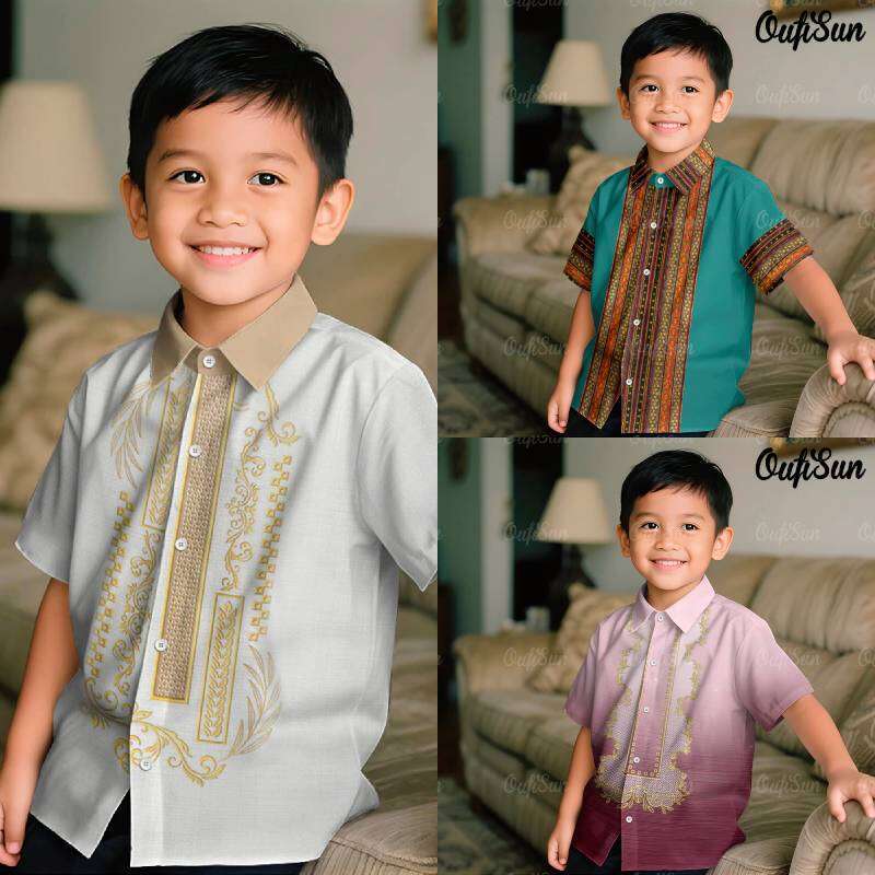 เครื่องแต่งกายเด็กชาย Buwan Ng Wika Barong Tagalog เด็กแขนสั้นอย่างเป็นทางการสําหรับกิจกรรมโรงเรียนเ