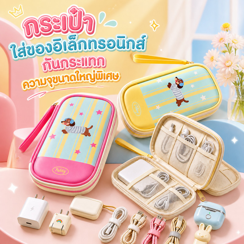กระเป๋าใส่ของอิเล็กทรอนิกส์ กระเป๋าใส่ที่ชาร์จ กระเป๋าการ์ตูนลายสุนัข แบบแข็ง กันกระแทก พกพาสะดวก ใส่สายชาร์จ/หูฟัง/USB
