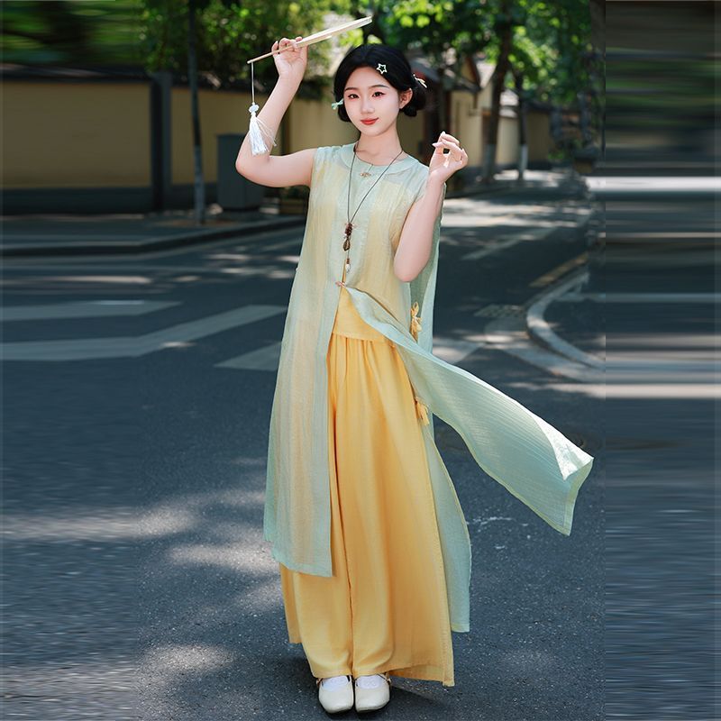 Uniqlo Workshop ฟรีสร้อยคอ Made in Xia Ming Daily Hanfu ผู้หญิงรอบคอยาว Ratio เกราะกางเกงขากว้างสีขา