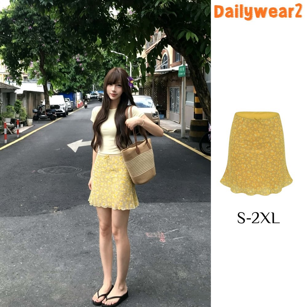 Dailywear กระโปรงสั้นลายดอกไม้สีเหลืองอ่อนหวานสไตล์เกาหลีแบบใหม่สำหรับผู้หญิง ทรงเอไลน์ เหมาะกับฤดูร้อน