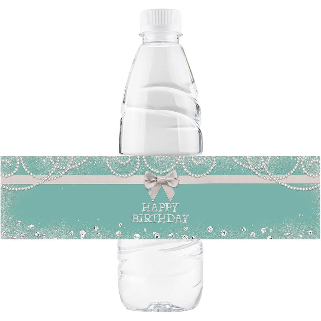 32 ชิ้น Teal Blue Happy Birthday Water Bottle Labels, Pearl Birthday Water Bottle Labels for Girl, C