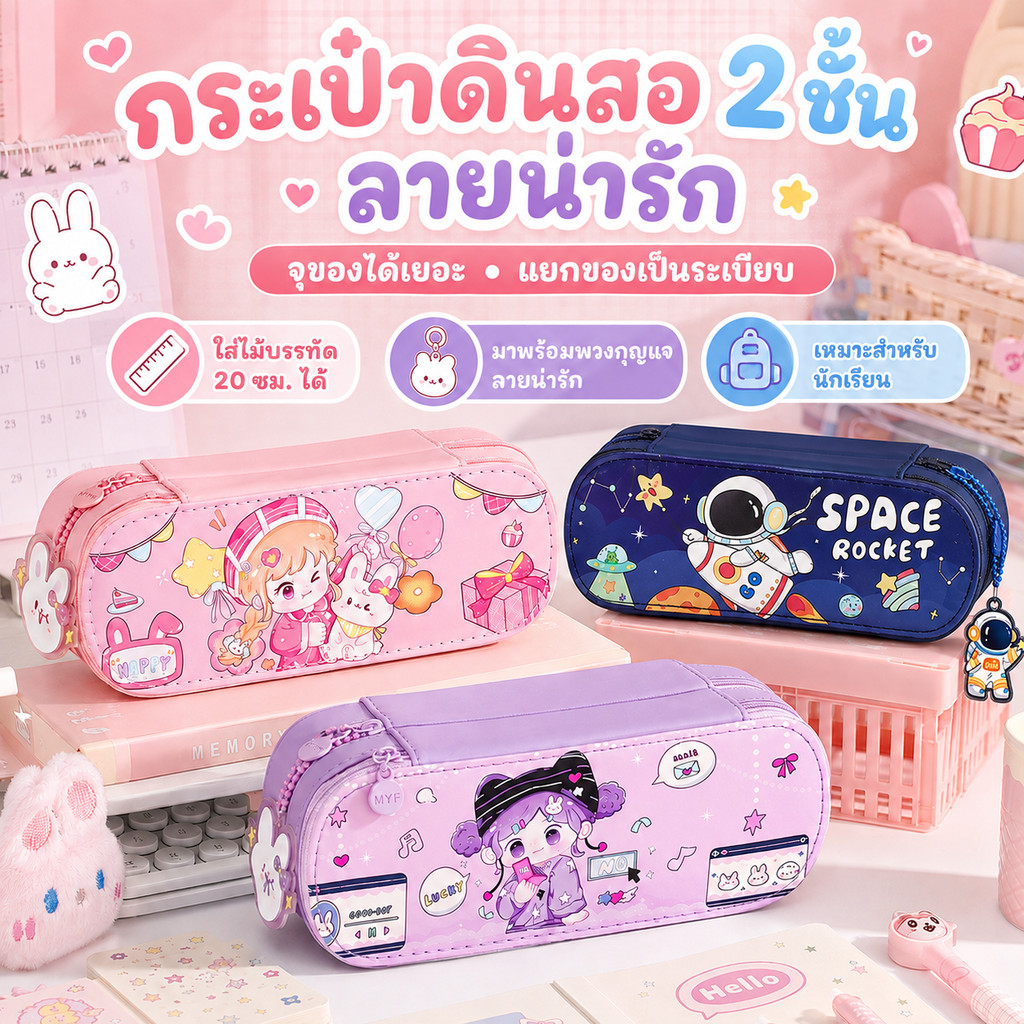 กล่องดินสอการ์ตูน 2 ชั้น ขนาดใหญ่ จัดเก็บเป็นสัดส่วน พร้อมพวงกุญแจน่ารัก มีหลายลายให้เลือก พกพาสะดวก