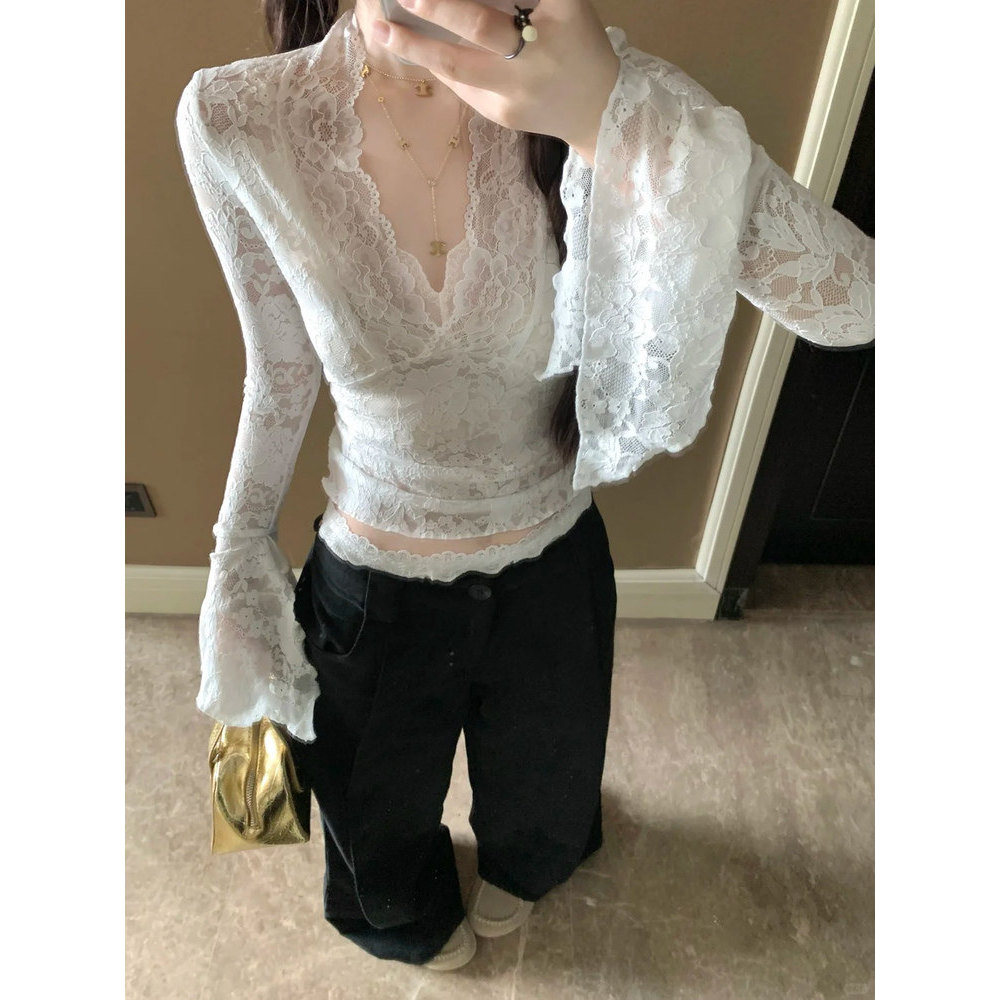 M Moxi Queen สีขาวแขนยาวเสื้อลูกไม้ Slim-Fit Slimmer ดูฐานด้านในด้านบน DF45