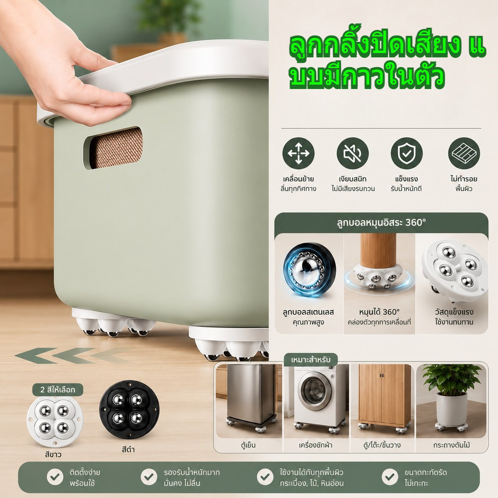 ชุดลูกล้อเฟอร์นิเจอร์มีกาวในตัว AP-0036 4-In-1 ปิดเสียง หมุน 360 องศา ลื่นไหล ไม่ส่งเสียงรบกวนขณะเคลื่อนที่