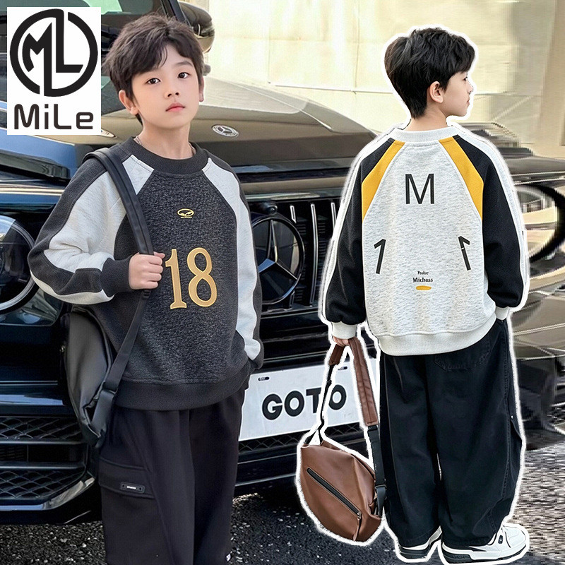 [ML] 80-170 ซม.เด็กฤดูใบไม้ร่วงAll-Matchเสื้อกันหนาวผ้าฝ้ายกลางเด็กใหญ่เกาหลีรุ่นเย็บสีตัดกันสบายๆหลวมแขนยาว