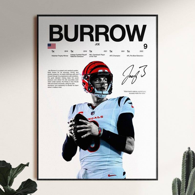 Joe Burrow โปสเตอร์พิมพ์ผนังฟุตบอลอเมริกันพิมพ์โปสเตอร์พิมพ์ตกแต่งกีฬา Cincinnati Bengals โปสเตอร์ฟุ