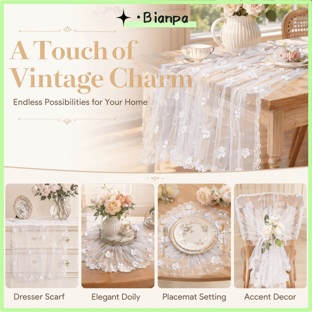 BIANPA Tulle Gauze Table Cloth, DIY 200x80cm Pearl Tulle Table Runner, ผ้า Tulle Pearl ดอกไม้ตกแต่ง‌