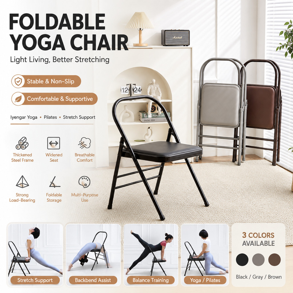 เก้าอี้โยคะแบบพับได้สําหรับ Iyengar Yoga Pilates Training PU Seat Stretching Fitness Support Chair