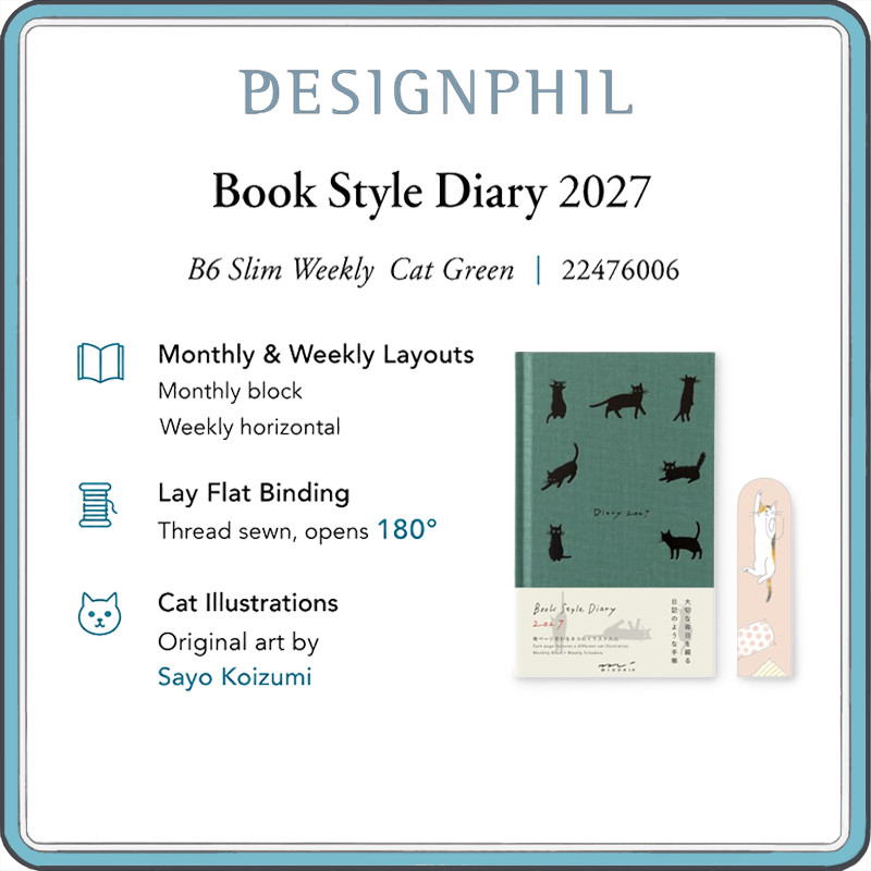 MIDORI Book Style Diary 2027 B6 Slim Weekly Planner – Cat Design, Monthly & Weekly Schedule, January