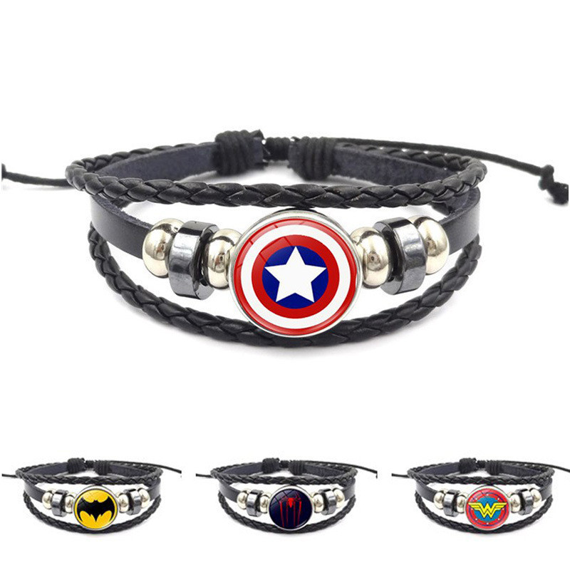 Marvel Superhero สร้อยข้อมือหญิงกัปตันอเมริกา Superman Spiderman สร้อยข้อมือหนังถักเครื่องประดับ Han