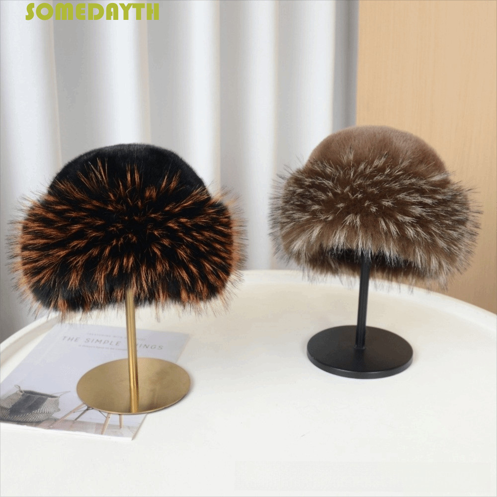 SOMEDAY Plush Bucket Hat, Warm Korean Style Mink Fur Fisherman Hat, Retro Brimless Faux Fur เลียนแบบ