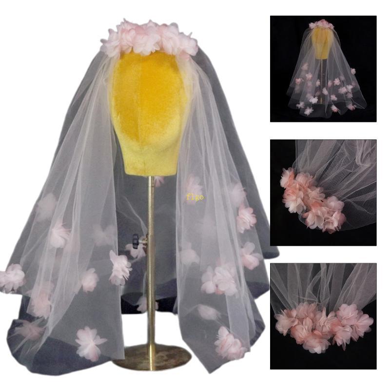 Flgo Bride Layered Veil Girls Tulle Bachelorette Performances Veil ดอกไม้สีชมพู