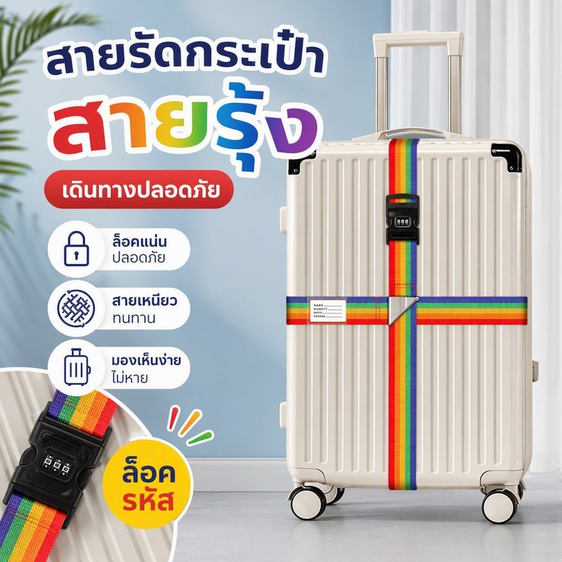 สายรัดกระเป๋าเดินทางแบบกากบาท สายรัดนิรภัยรหัสล็อค ปรับยาวได้ พร้อมการ์ดชื่อ