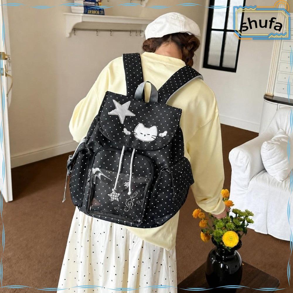 SHUFA Drawstring Backpack, Polka Dot Nylon Ita Backpack, Casual Sweet Cat Large Capacity Travel Dayp