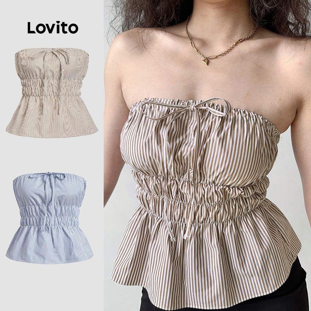 Lovito เสื้อกล้าม ลายทาง แต่งเชือกผูก สไตล์ลำลอง สำหรับผู้หญิง L116LD255