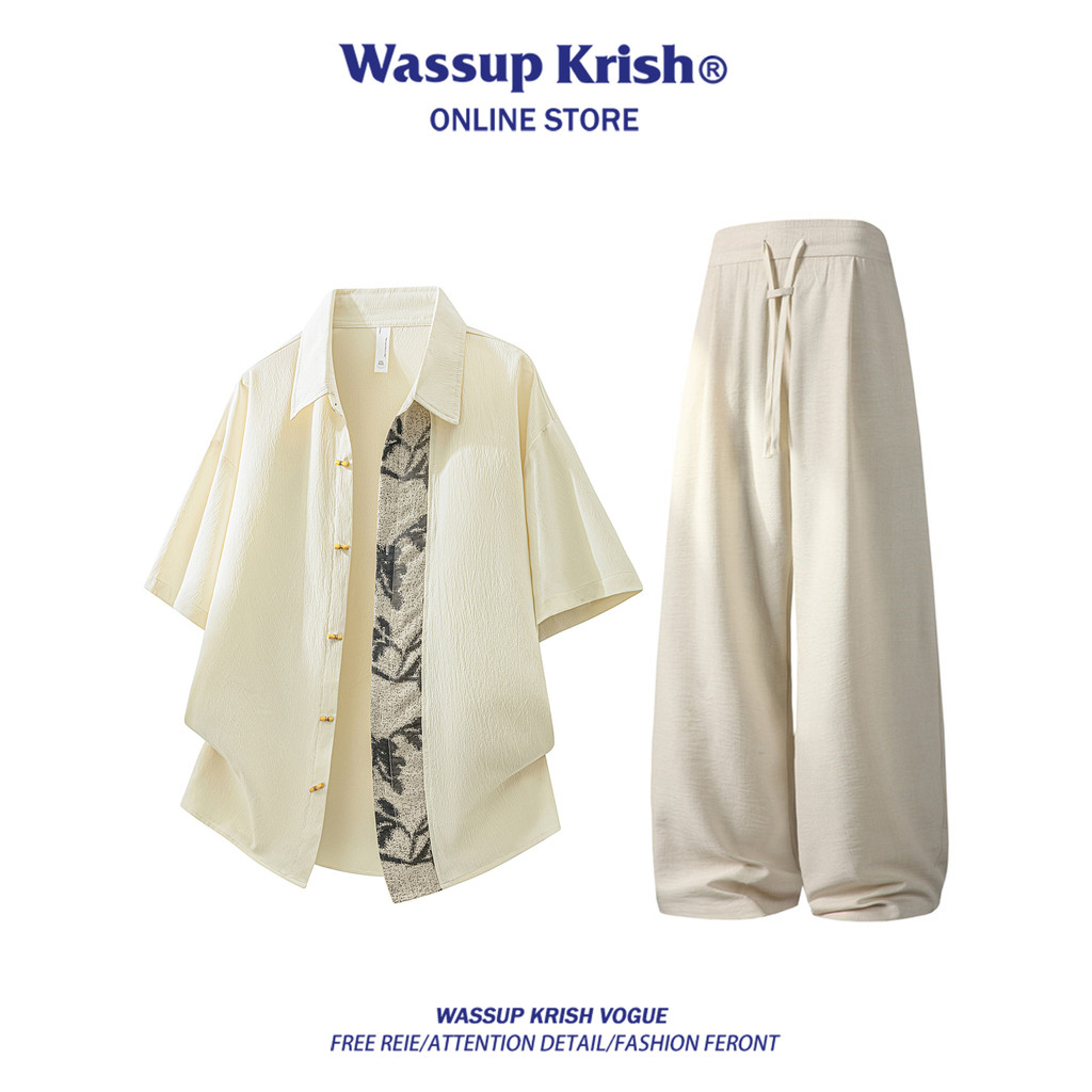 WASSUP KRISH ใหม่ชุดลําลองจีนผู้ชายฤดูร้อนสไตล์ใหม่บางสไตล์สไตล์จีนเสื้อแขนสั้นกางเกงหนึ่งชุด