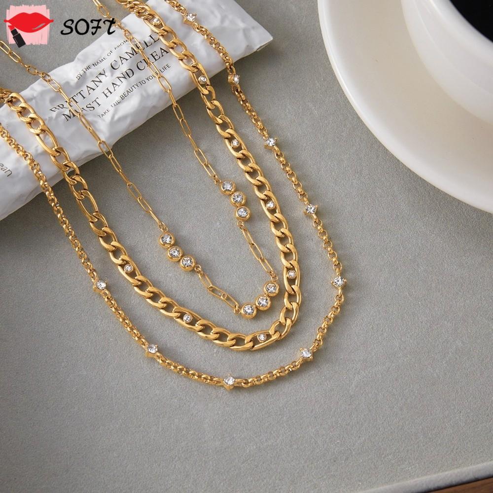 SOFTNESS Zirconia Chain, สแตนเลส 18K สร้อยคอผู้หญิง, Elegant Stackable Classic Gold Minimalist Cubic