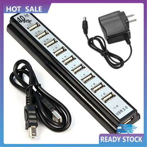 COOD 10 พอร์ต Hi-Speed USB 20 Hub Splitter + US Power Adapter สําหรับคอมพิวเตอร์แล็ปท็อปพีซี
