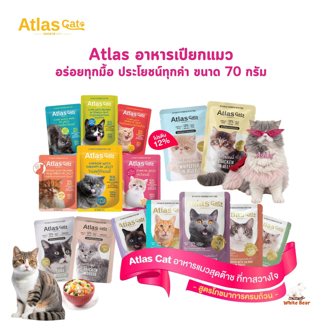 Atlas Cat แอทลาส แคท อาหารเปียกแมว เกรดพรีเมี่ยม อร่อยทุกมื้อ ประโยชน์ทุกคำ ขนาด 70 กรัม