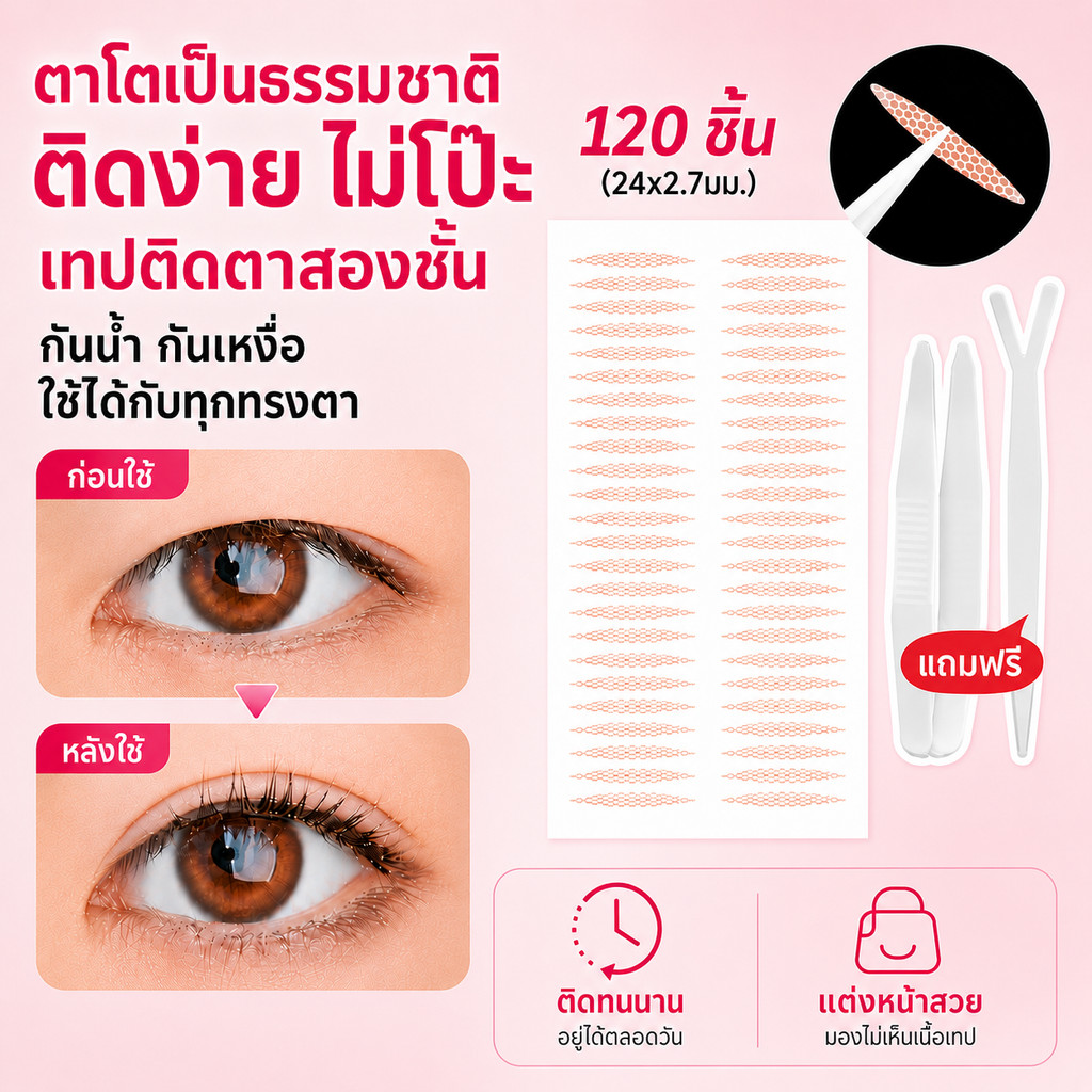 สติกเกอร์ติดตาสองชั้น เป็นธรรมชาติ เทปสร้างตาสองชั้น รองรับแน่น เทปยกเปลือกตา สำหรับตาบวม ตาชั้นเดียว