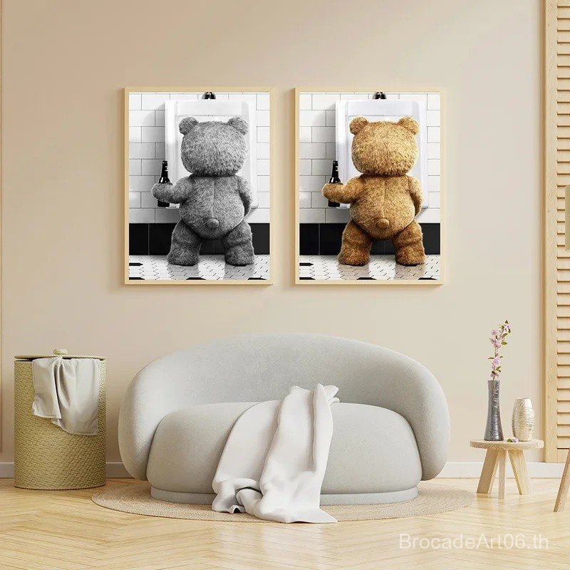 ห้องน้ํา Wall Art Decor ตลกพี่หมีผ้าใบภาพวาดตลกสีดําและสีขาวสัตว์ในห้องน้ําโปสเตอร์ Home Room ห้องน้