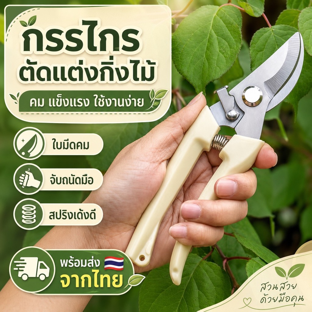 กรรไกรตัดกิ่งไม้ ตกแต่งต้นไม้ อุปกรณ์ทำสวน แบบปากโค้ง 17 cm / ปากตรง 19 cm ด้ามจับสีครีม พร้อมปุ่มล็อคเปิด-ปิดใบมีด