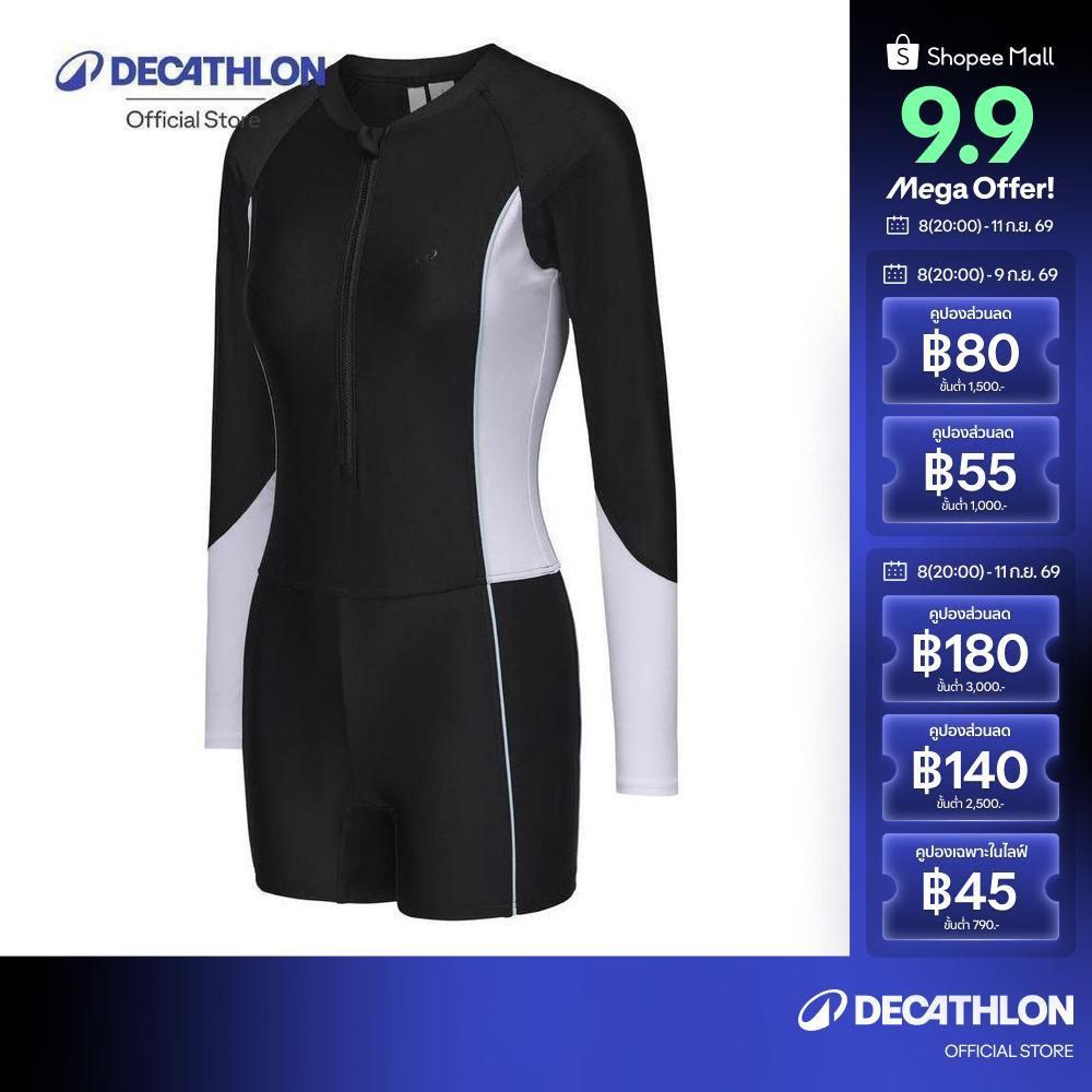 Decathlon One-Piece Long-Sleeve Shorty Swimsuit With Zip Una ชุดว่ายน้ำวันพีซแขนยาวขาสั้นมีซิป รุ่น Una - Black/White