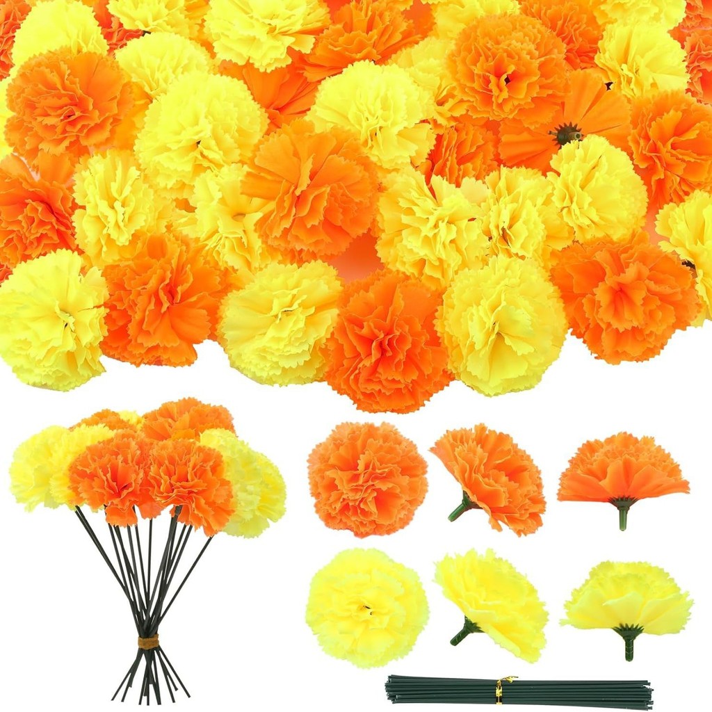 10PCS All Souls Day Faux Marigold Florals - Amber/Red/Yellow, 5.5 ซม. & 9 ซม.พร้อมเพลา 15 ซม., Dummy