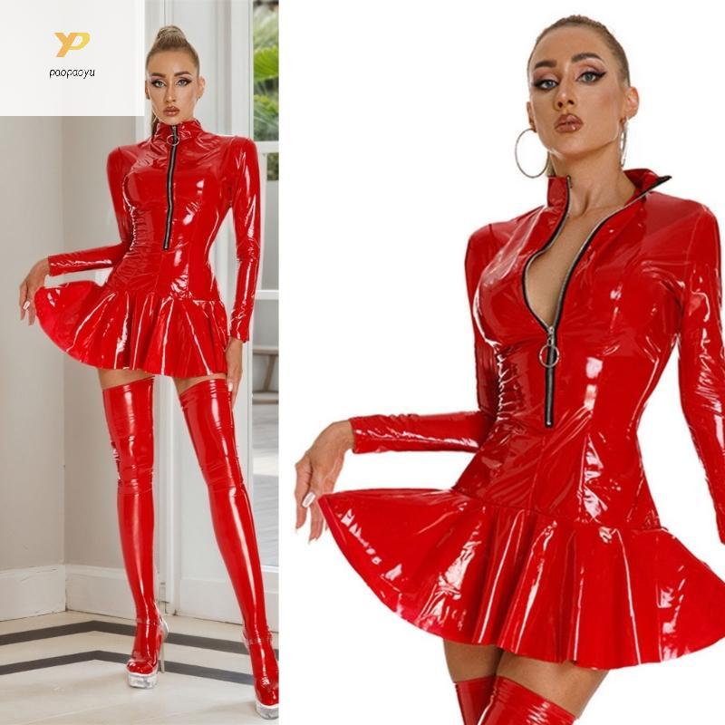 PPY Latex Mini Dress หนังเทียมจีบชุด Club Party Dresses ชุดโลหะ