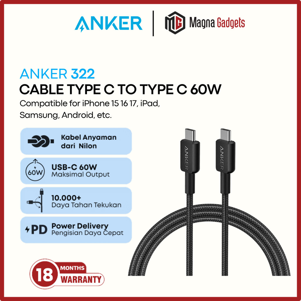 Anker 322 Cable Charger PD 60W 3A USB Type C to C Nylon Cable 1m - A81F5