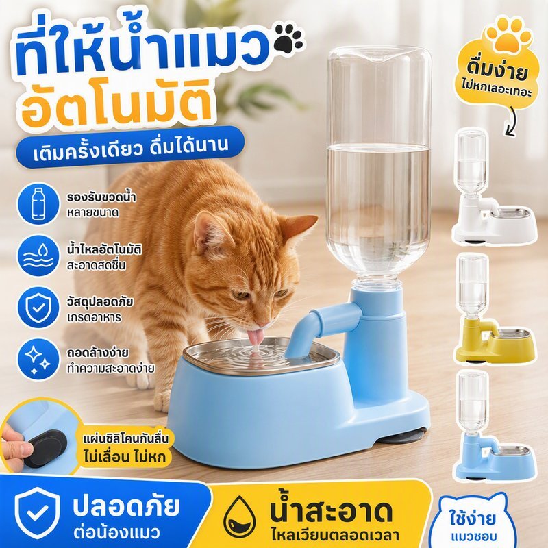 เครื่องจ่ายน้ำแมวอัตโนมัติ ชามน้ำสัตว์เลี้ยง รองรับขวดน้ำหลายรุ่น กันลื่น แผ่นซิลิโคนกันลื่น ถอดทำความสะอาดง่าย