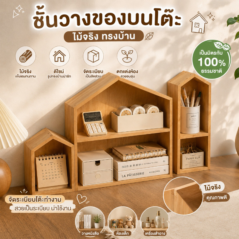 ชั้นวางของบนโต๊ะ ไม้จริง ทรงบ้าน ชั้นวางหนังสือ ชั้นจัดระเบียบโต๊ะ ทำงาน ห้องเด็ก ของตกแต่ง