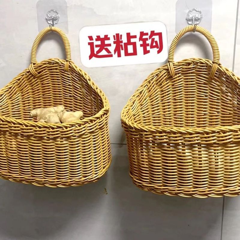 仿藤手提篮子姜蒜卫生间宿舍挂篮水果篮手工编织篮墙壁挂收纳花篮9/3 Imitation rattan hand-woven basket for ginger and garlic, bathroom