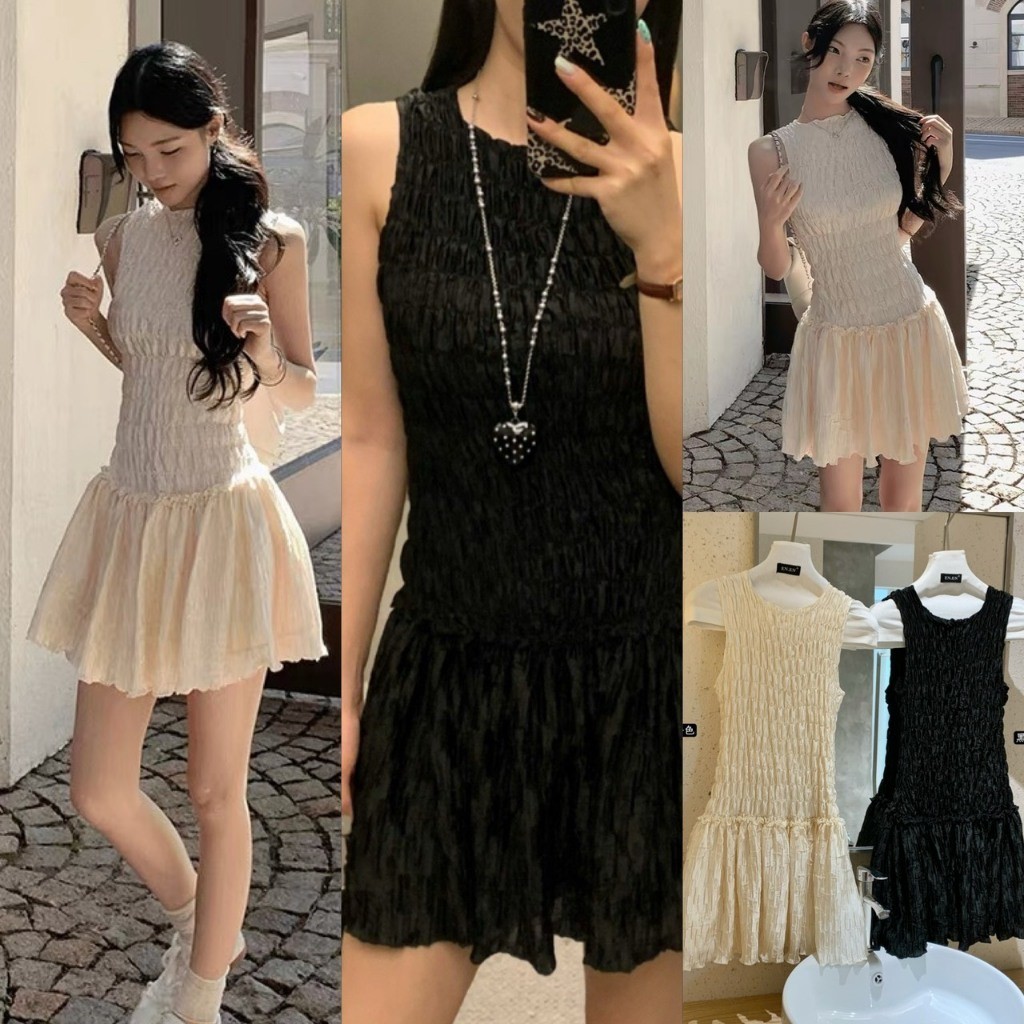 W10665 เดรสสั้นสายเดี่ยวทรงเข้ารูปย่นระบายชาย ลุคมินิมอลแฝงความเรียบหรูที่ใส่พรางหุ่น แฟชั่นเกาหลี TAG WG.WE