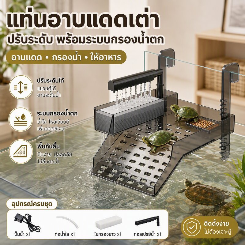 แท่นอาบแดดเต่า ปรับระดับ พร้อมปั๊มน้ำ ระบบกรองน้ำตก ทางลาดกันลื่น ถาดอาหาร แขวนขอบตู้