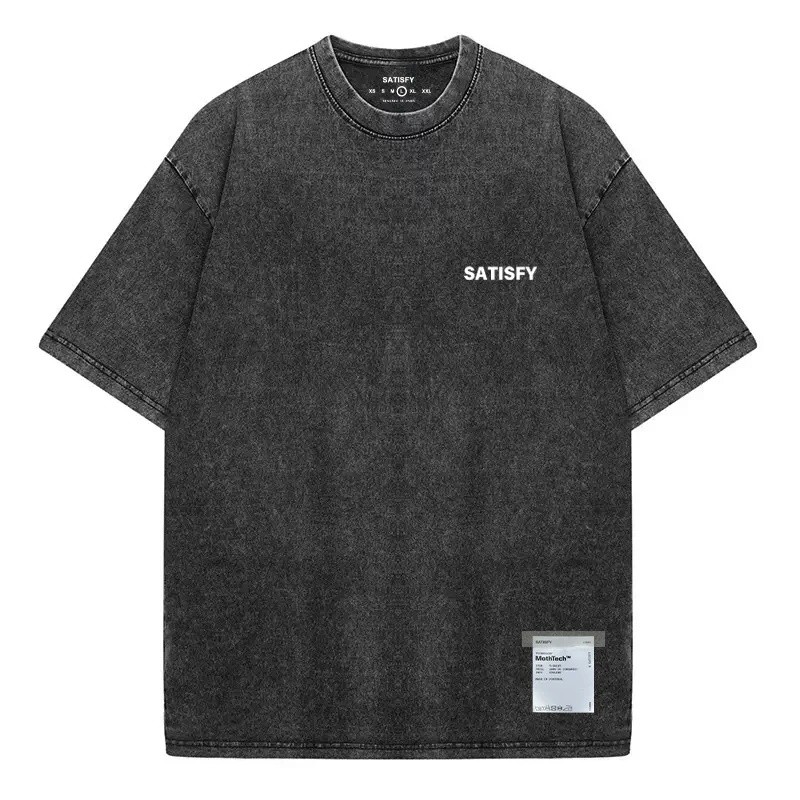 YfyTrendy SATISFY วิ่ง MothTech กล้ามเนื้อรอบคอ Distressed ผ้าฝ้ายแท้พิมพ์เสื้อยืดแขนสั้นลําลองหลวม 