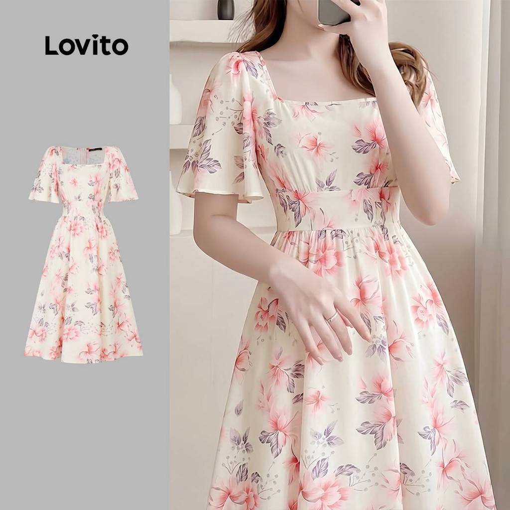 (New Arrival) Lovito เดรสลายผ้าพลีทเรียบหรูสําหรับฤดูใบไม้ผลิและฤดูร้อนสําหรับผู้หญิง L198ED610
