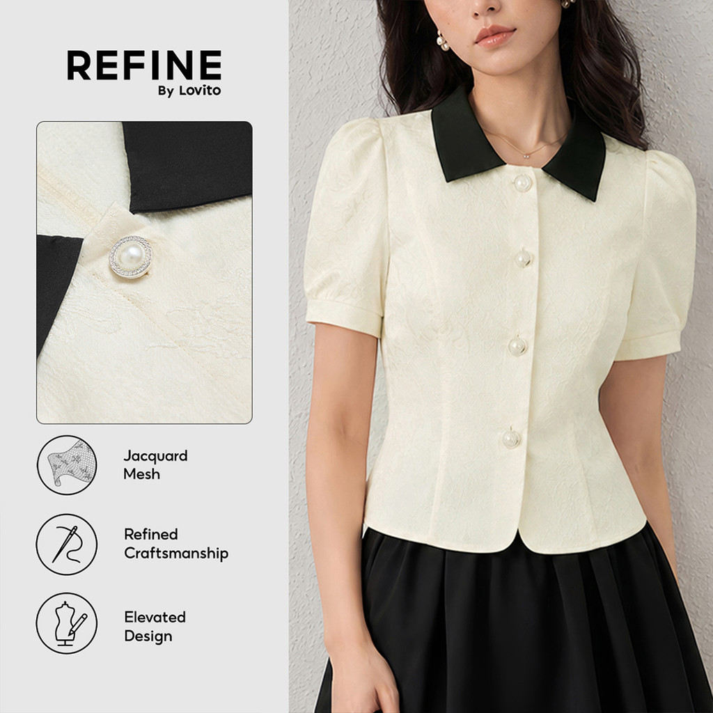 (Refine by Lovito) สง่างาม เสื้อเบลาส์ผู้หญิง ลายแจ็คคาร์ด คัลเลอร์บล็อก น่ารัก มีกระดุม สีขาวงาช้าง สําหรับฤดูใบไม้ผลิ/ฤดูร้อน เกาหลี อินเทรนด์ ทำงาน LR35A112