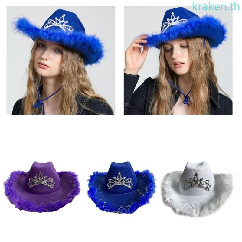 KRA ตลกหมวก Cowgirls หมวก Furry Trims สุภาพสตรี Western หมวกสําหรับผู้หญิง Fedoras Western Cowgirls 