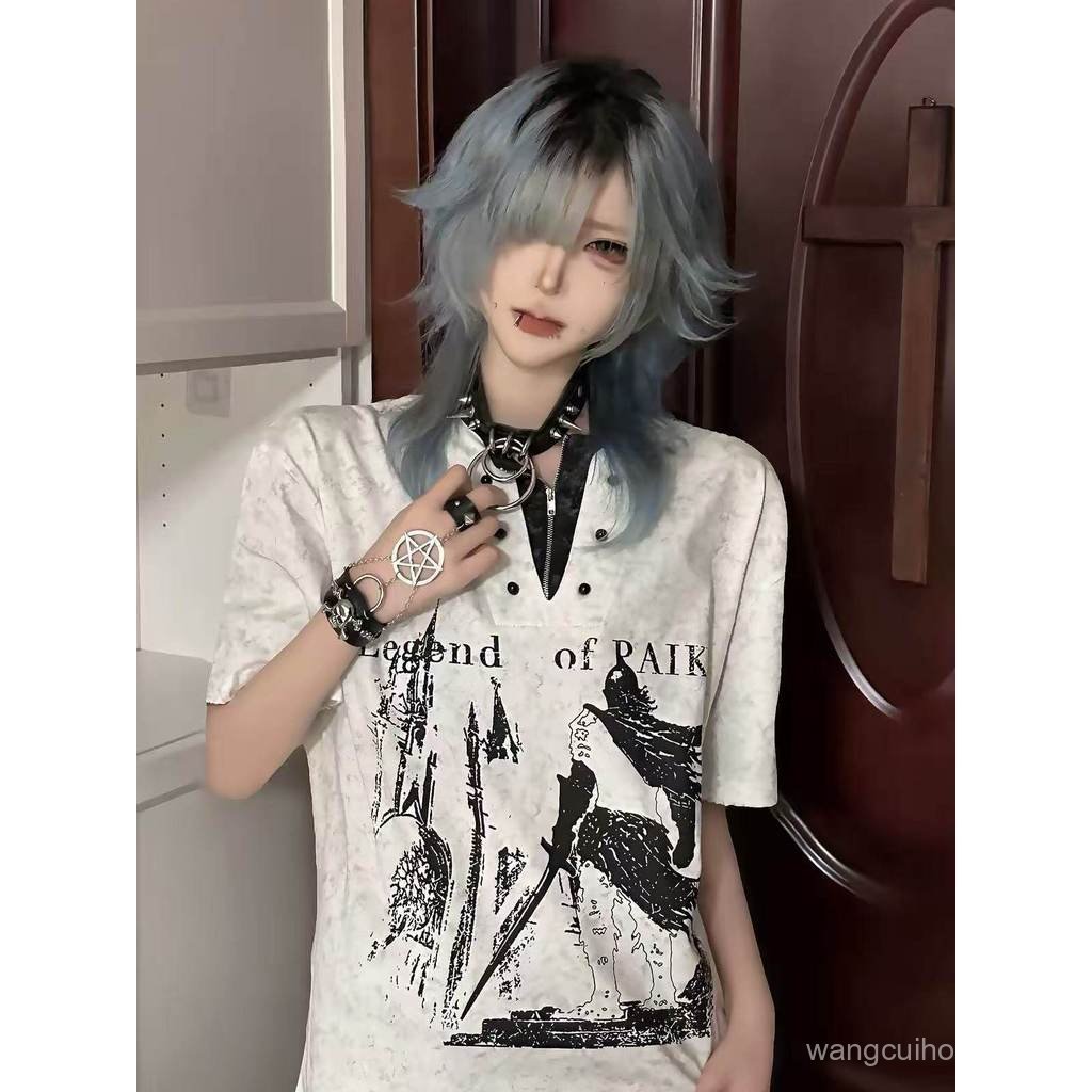 Y2k Knight Castle Henry Collar Pearl ปุ่มปลอมสองชิ้นแขนสั้นเสื้อยืดฤดูร้อนสไตล์ Visual Punk Top อินเ