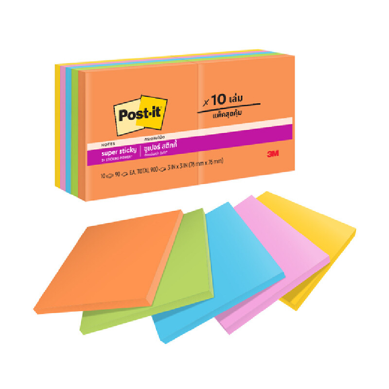 POST-IT กระดาษโน้ต ซูเปอร์สติกกี้โน้ต อัลตร้าไบร์ท รุ่น 654-10SSAU คละสี ขนาด 3x3 นิ้ว (แพ็ค 10 เล่ม)