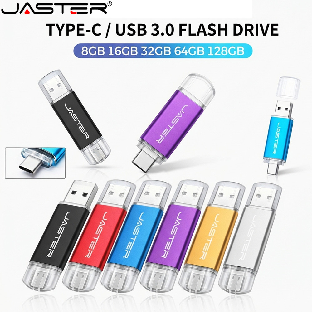 JASTER TYPE-C USB3.0 แฟลชไดรฟ์ 2IN1 OTG Pendrive 128GB 64GB 32GB 16GB 8GB 4GB Memory Stick ของขวัญแต